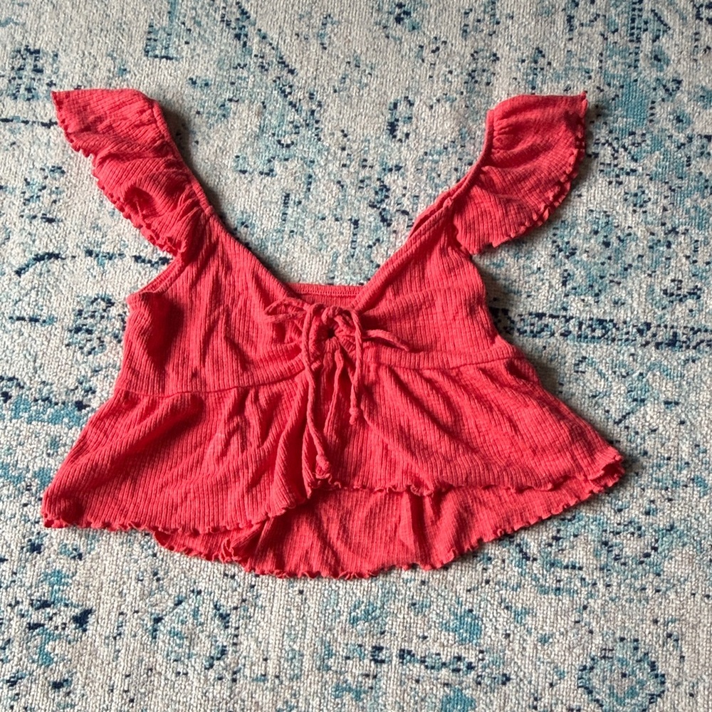 American Eagle Outfitters Coral Red Ruffle Tie-Front Crop Top
